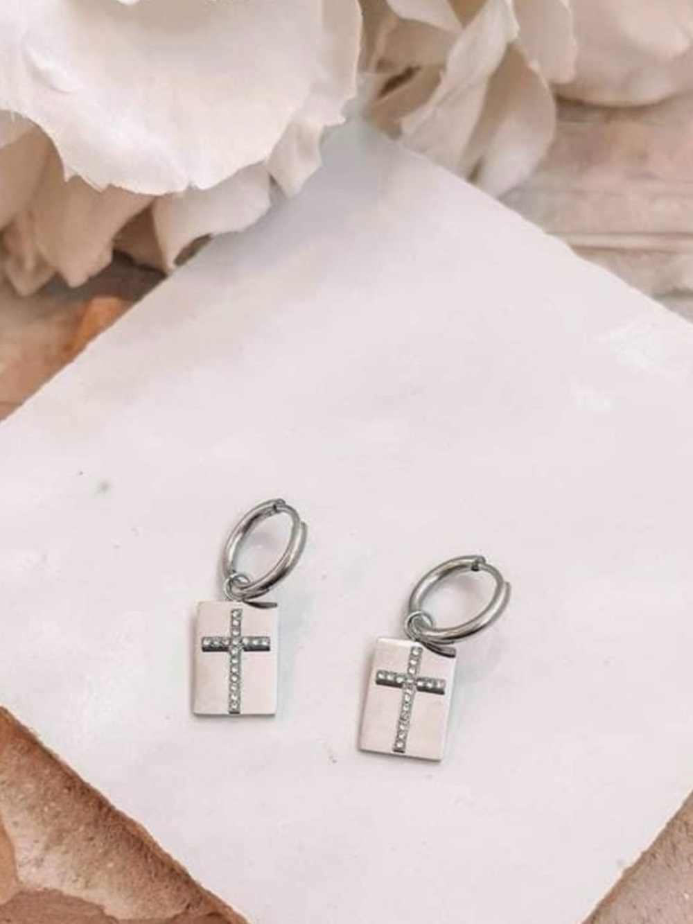 Plunder Heavenly Silver Crystal Cross Huggie Hoop Earrings